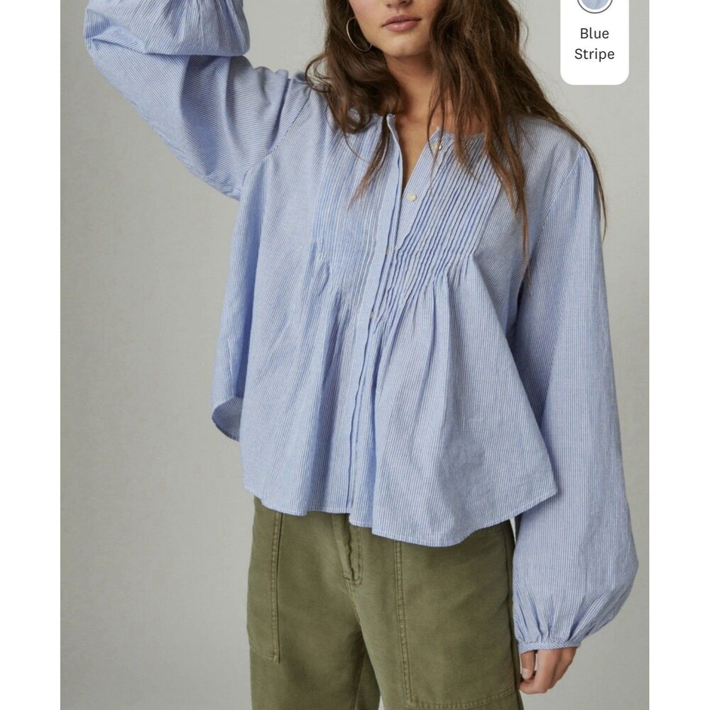 Lucky Brand Blue White Stripe Pintuck Cotton Button Down Blouse Women’s Large